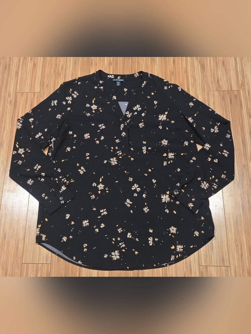 Hilary Radley Black Floral V-Neck Blouse with Cream Accents
